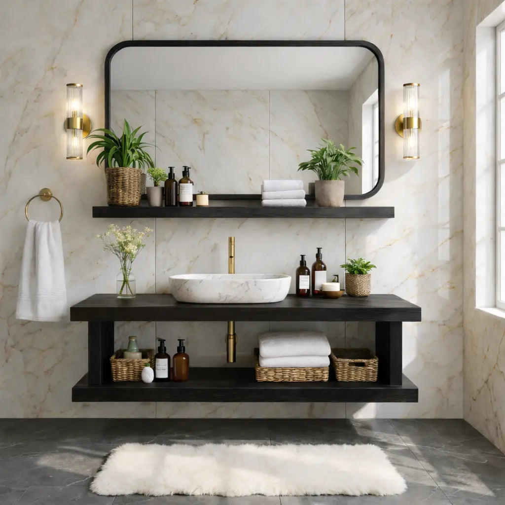 Floating Bathroom Vanity with Natural Wood Shelf Storage and Modern Wall Mounted Design Kitchnce