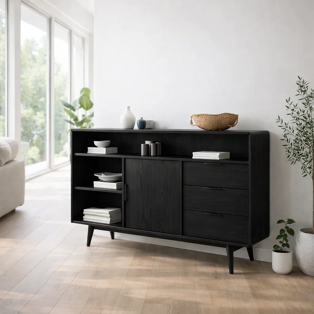 Solid Wood Sideboard Console with Drawers & Shelves – Modern Storage Cabinet