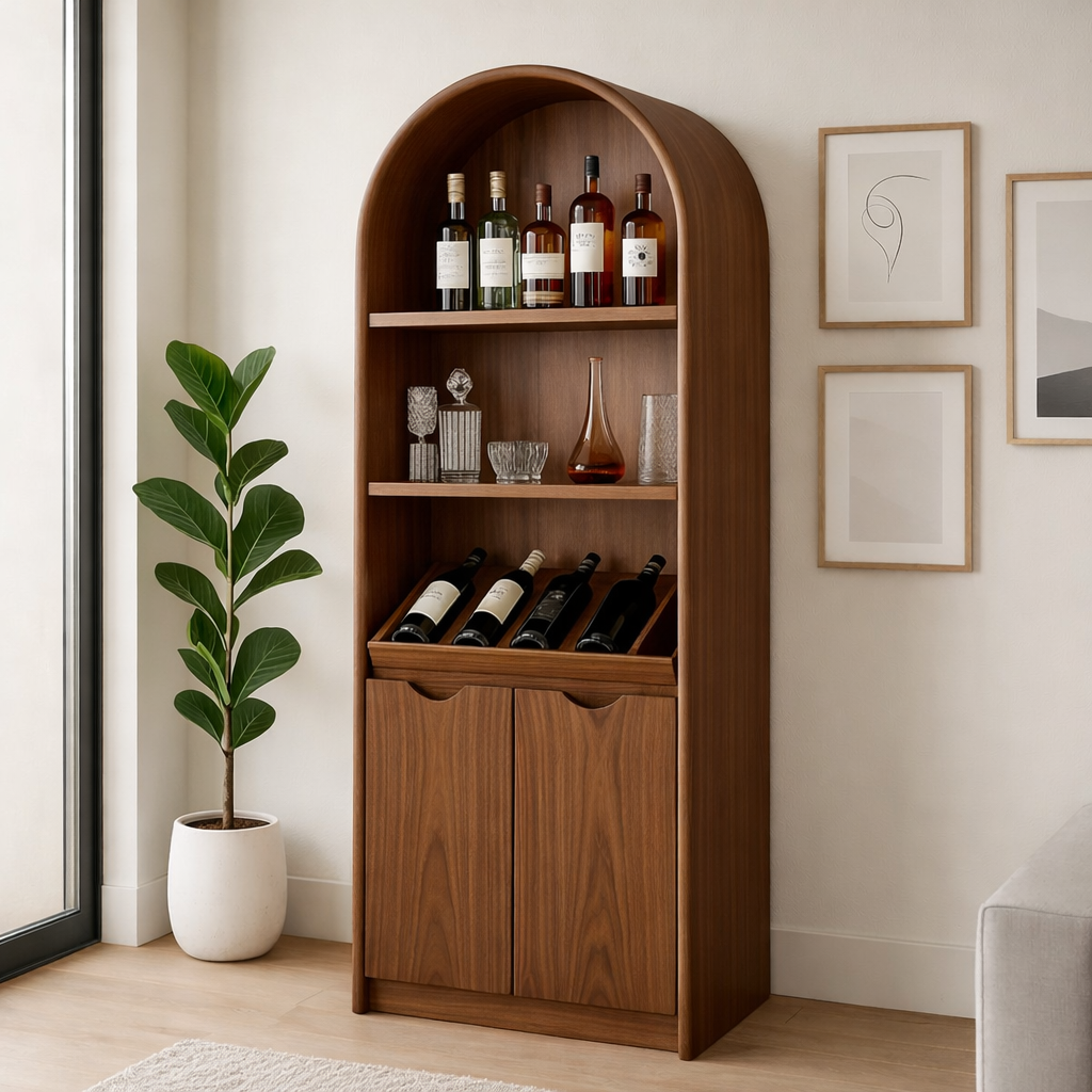 Solid Wood Arched Wine Storage Cabinet with Display Shelves and Bottle Organizer