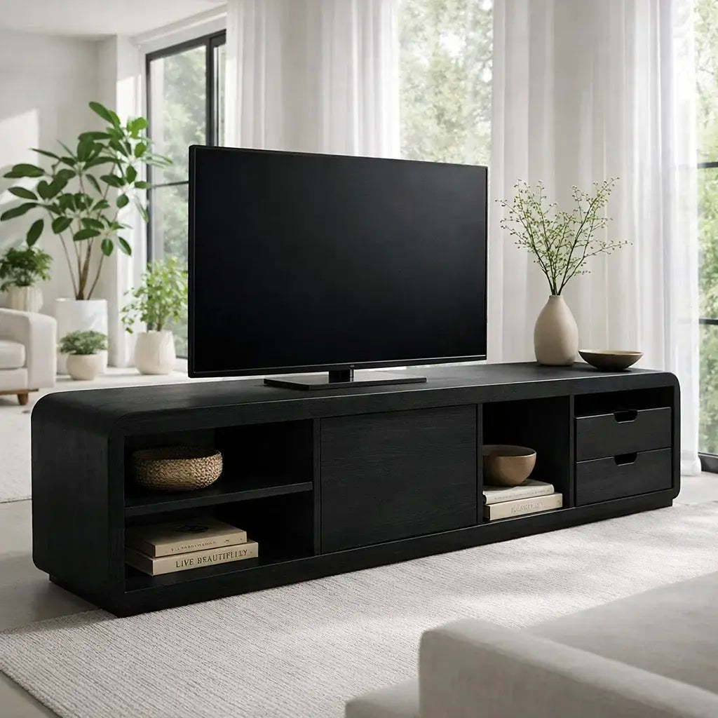Solid Wood TV Cabinet with Rounded Edges – Modern Walnut Media Console Kitchnce