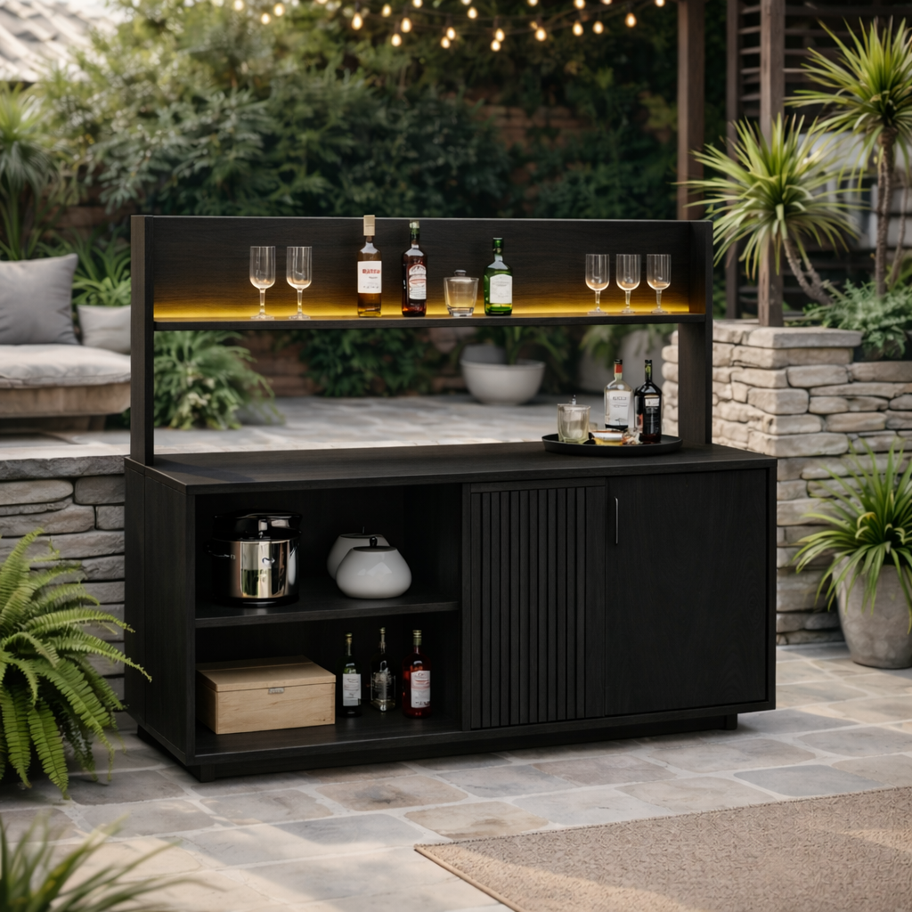 Solid Wood Outdoor Bar Cabinet with Shelf & Storage – Modern Patio Drink Station