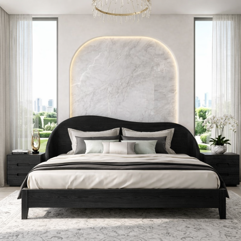 Modern Wooden Bed Frame with Curved Headboard and Minimalist Bedroom Style