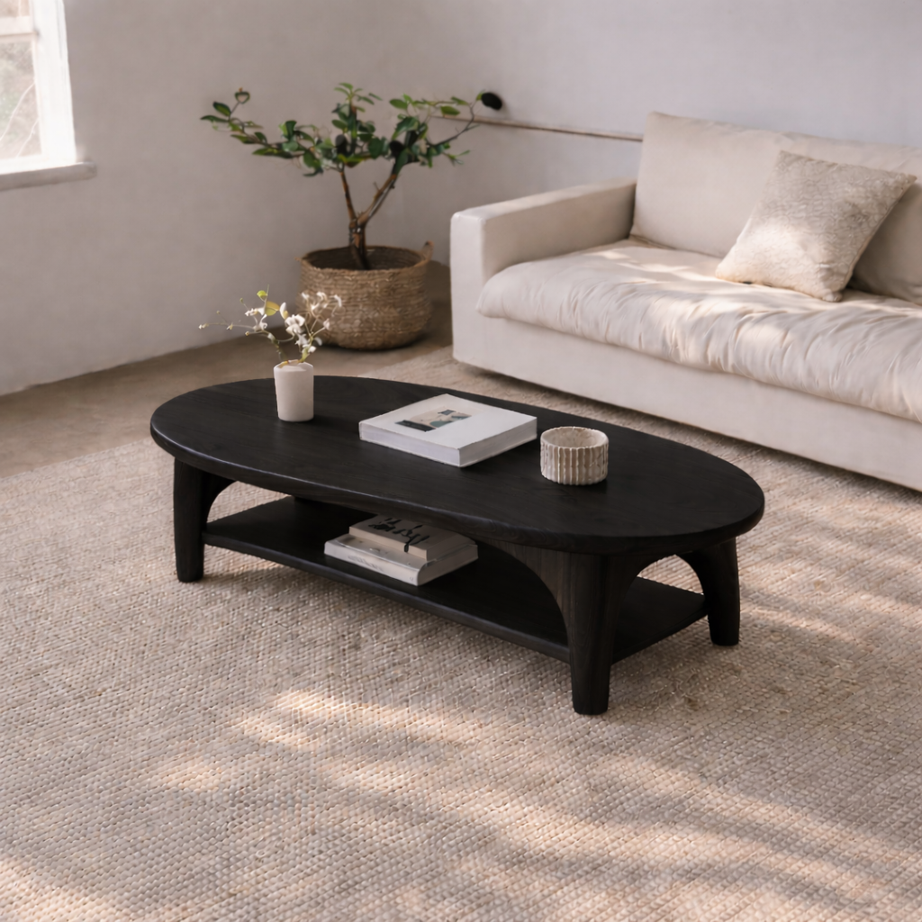 Handcrafted Solid Wood Coffee Table – Oval Modern Center Table with Shelf Kitchnce