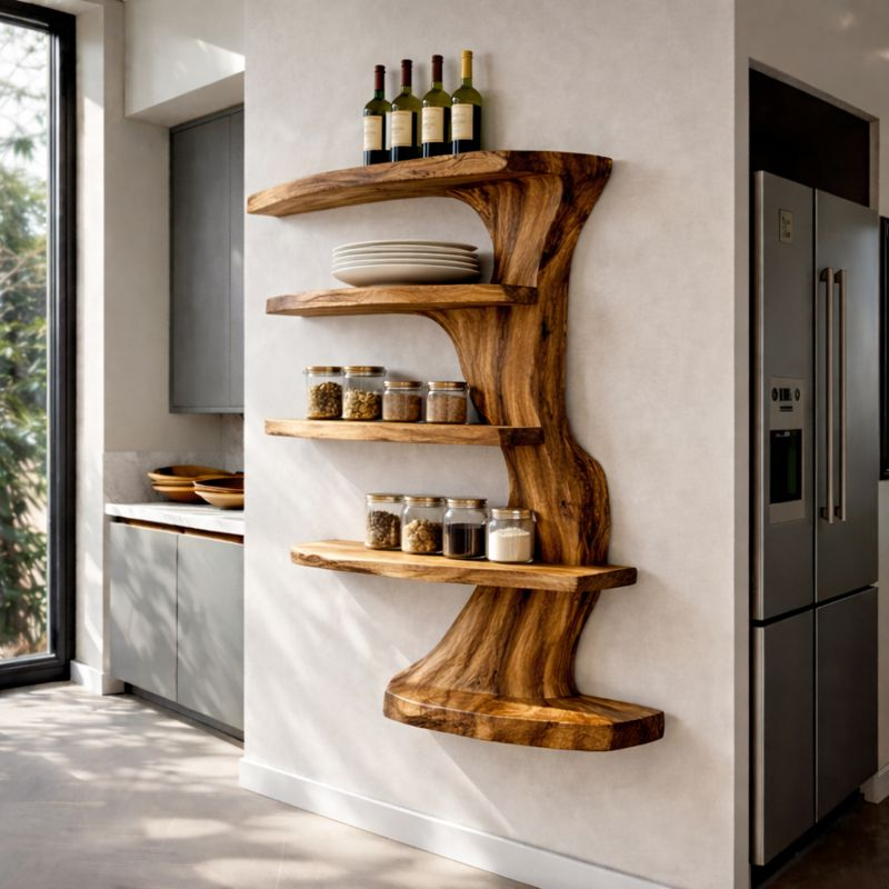 Handcrafted Solid Wood Tree Branch Wall Shelf - Organic Fluid Floating Bookshelf & Decor