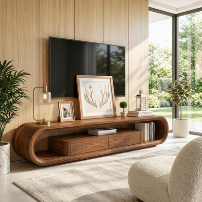 Modern Curved Entertainment Console, Sculptural TV Stand for Luxury Living Rooms