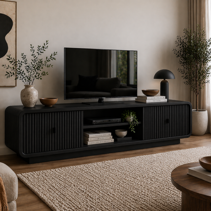 Modern Solid Wood TV Cabinet with Slatted Doors & Open Shelf Storage
