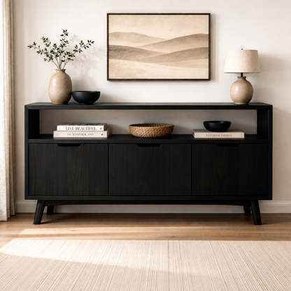 Solid Wood Console Cabinet with Open Shelf and 3 Doors – Modern Entryway Storage