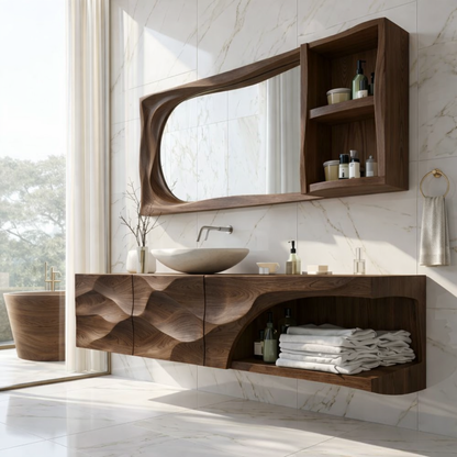 Modern Solid Wood Bathroom Vanity with Floating Storage and Sculpted Front Design
