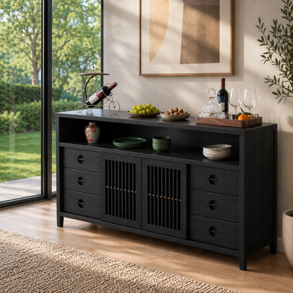 Solid Wood Console Sideboard with Slatted Doors – Modern Walnut Storage Cabinet