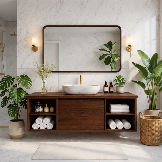 Floating Oak Vanity with Open Shelves and Minimalist Design, Modern Bathroom Furniture Kitchnce