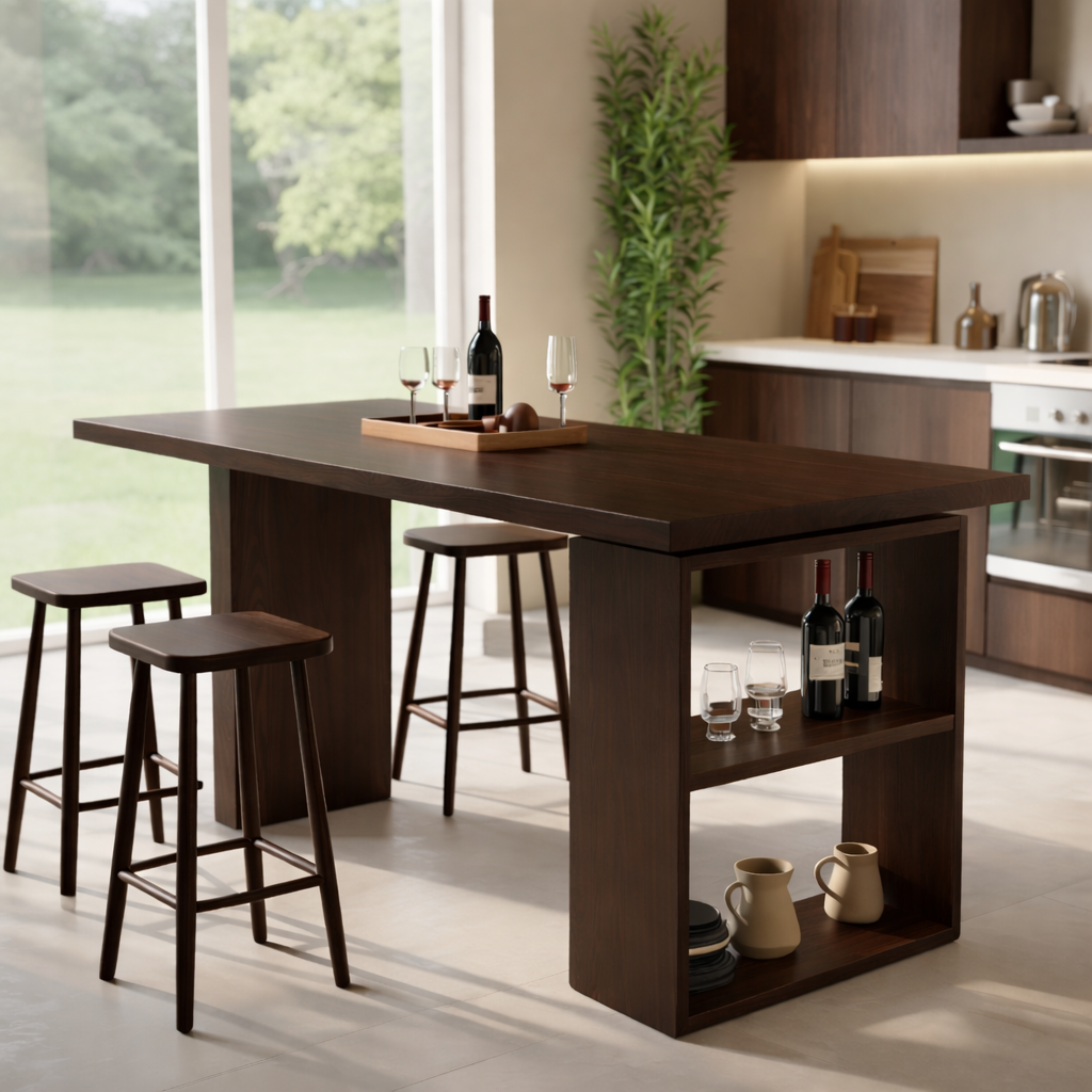 Modern Dining Table with Built-In Storage Shelf and Bar Seating, Contemporary Kitchen Island Table