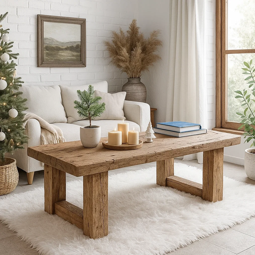 Handcrafted Solid Wood Coffee Table – Rustic Farmhouse Style with Natural Texture Finish Kitchnce
