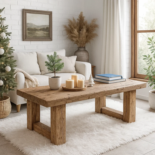 Handcrafted Solid Wood Coffee Table – Rustic Farmhouse Style with Natural Texture Finish Kitchnce