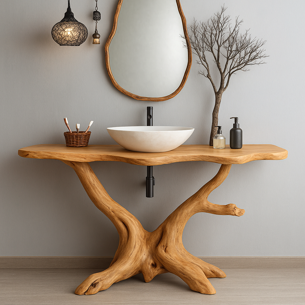 Handcrafted Solid Wood Bathroom Vanity – Organic Tree Root Design with Natural Live Edge Kitchnce
