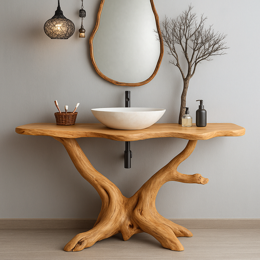 Handcrafted Solid Wood Bathroom Vanity – Organic Tree Root Design with Natural Live Edge Kitchnce