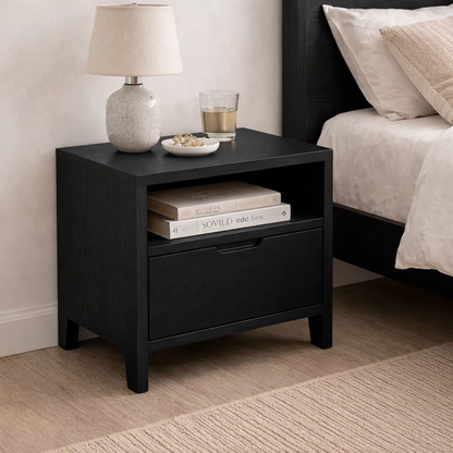 Solid Wood End Table with Drawer and Open Shelf – Modern Bedside Nightstand