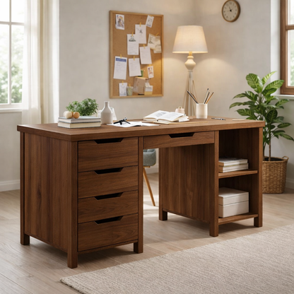 Solid Wood Handmade Work Desk with Drawers and Bookshelf Storage