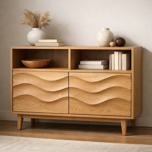 Modern Solid Wood Console Cabinet with Wavy Design - Stylish Storage for Living Room