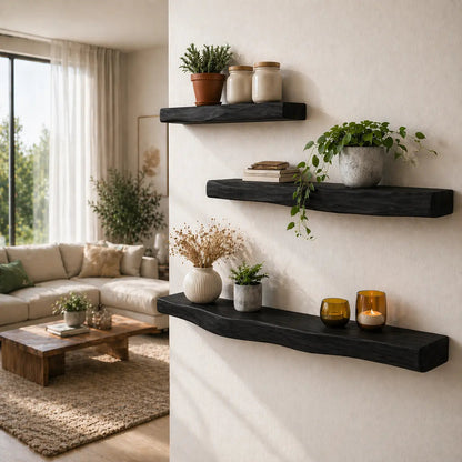 Solid Wood Floating Wall Shelf Rustic Live Edge Wall Mounted Shelf Kitchnce