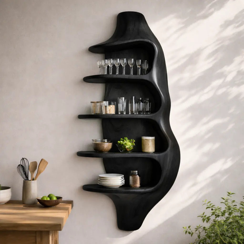 Solid Walnut Wall Mounted Kitchen Cabinet Shelf – Organic Curved Wooden Storage Display Kitchnce
