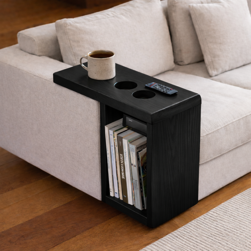 Solid Wood Sofa Armrest Table with Cup Holders – Couch Arm Tray with Storage