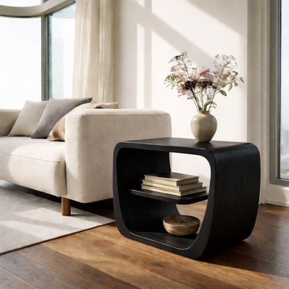Modern Solid Wood End Table with Storage Shelf – Curved Wooden Side Table for Living Room Kitchnce