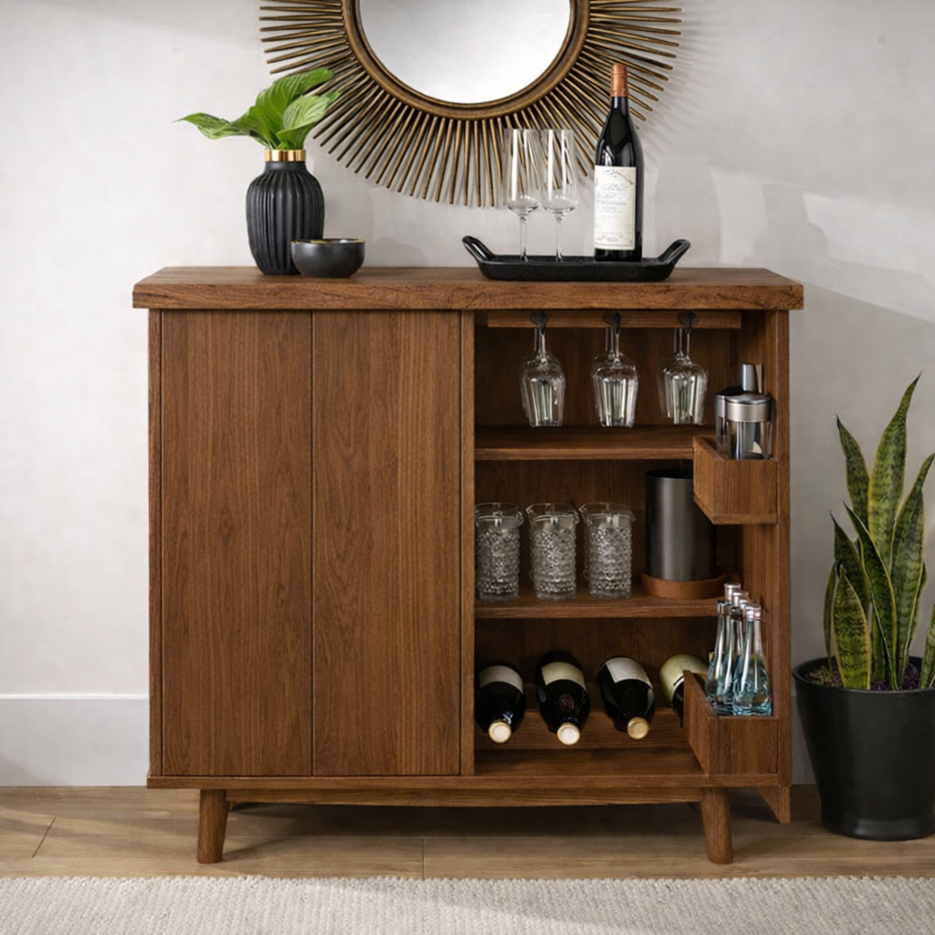 Solid Wood Wine Cabinet with Glass Holder and Home Bar Storage