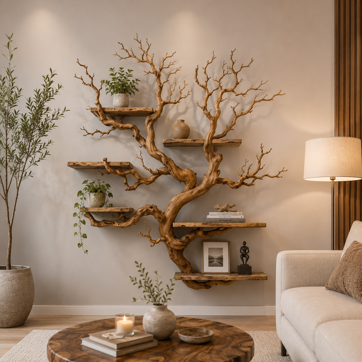 Rustic Tree Bookshelf Wall Shelf, Natural Wood Branch Bookcase