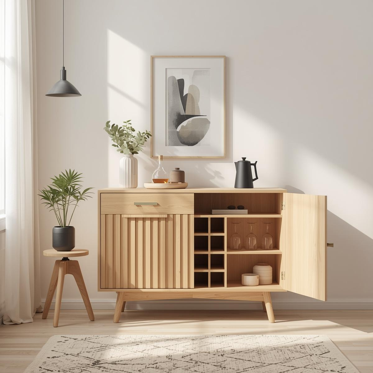 Mid Century Modern Solid Wood Wine Bar Cabinet with Bottle Rack and Glass Storage