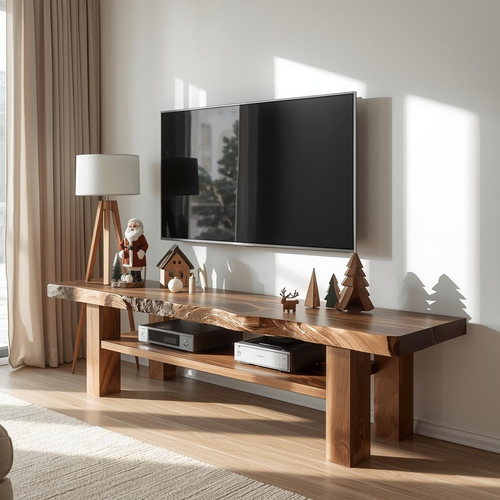 Handcrafted Solid Wood Live Edge TV Stand with Natural Finish for Modern and Rustic Interiors Kitchnce