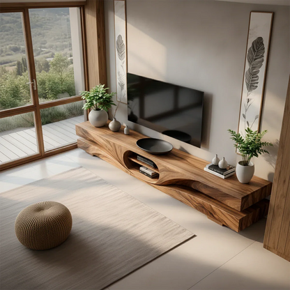 Solid Wood TV Stand Modern Walnut Floating Media Console with Open Storage