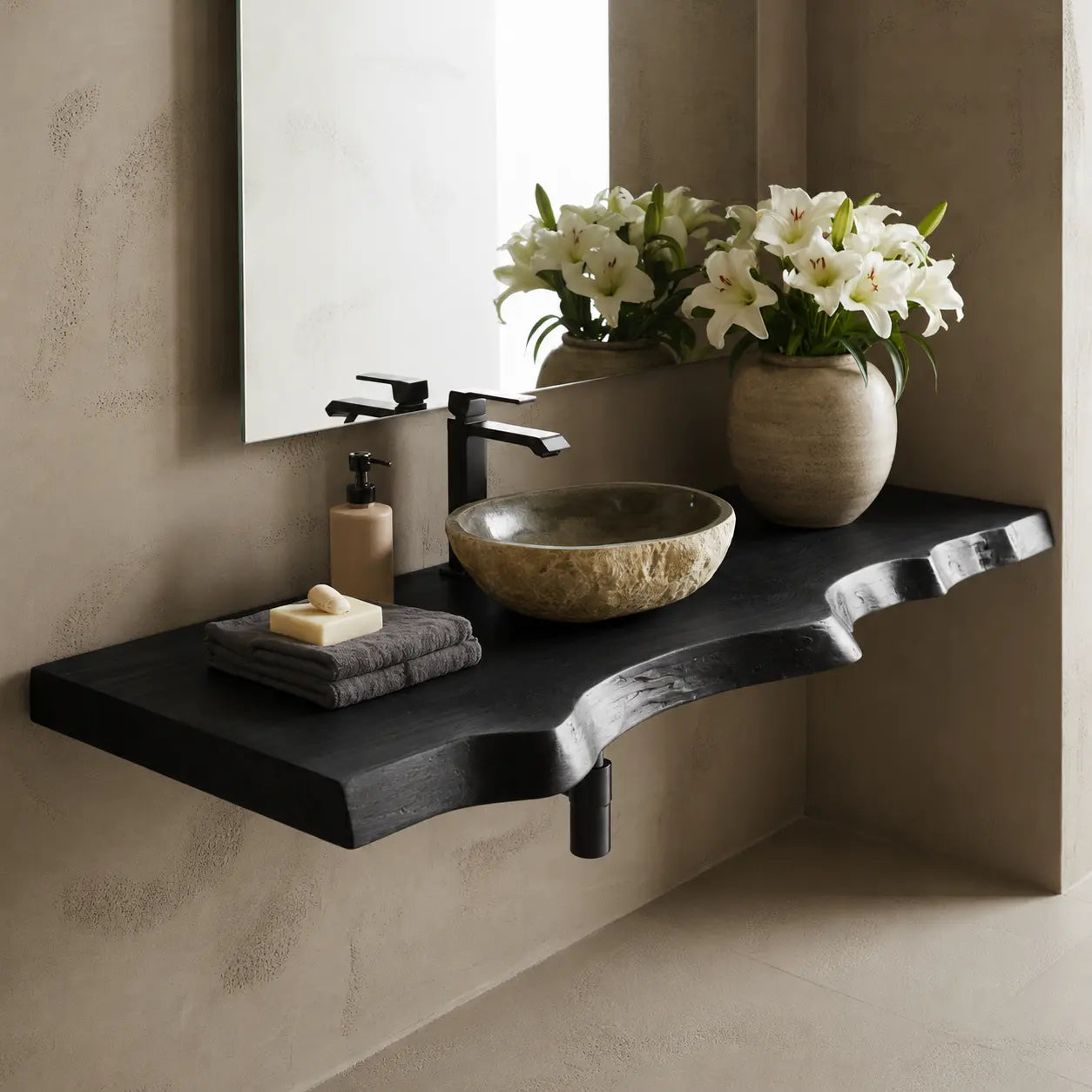 Live Edge Floating Vanity Shelf | Solid Wood Wall-Mounted Bathroom Counter Kitchnce