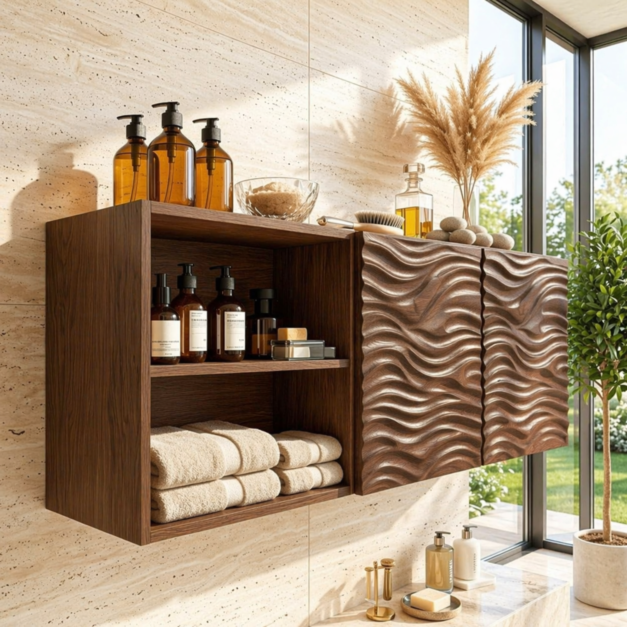 Floating Bathroom Cabinet, Modern Wall Mounted Wavy Vanity Storage Shelf Organizer