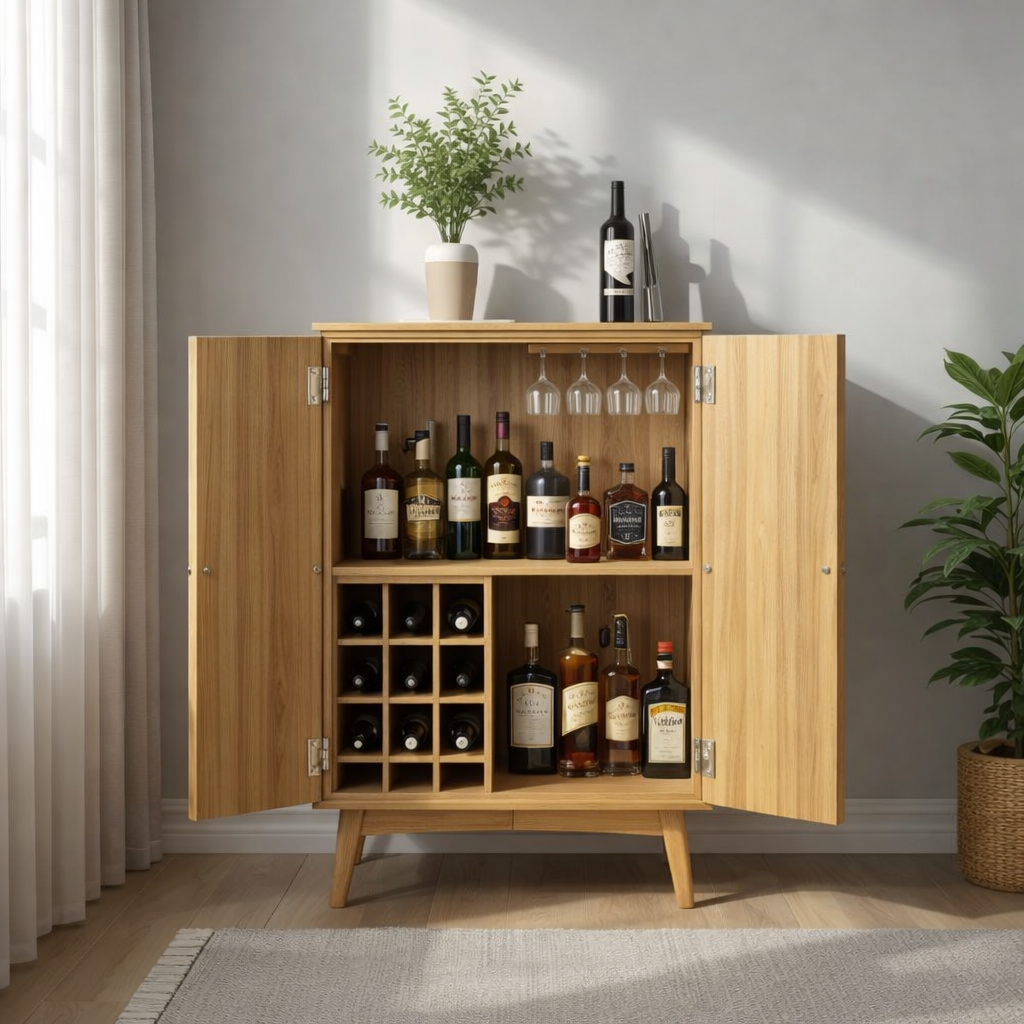 Solid Wood Wine Cabinet with Double Doors and Built-In Bottle Rack