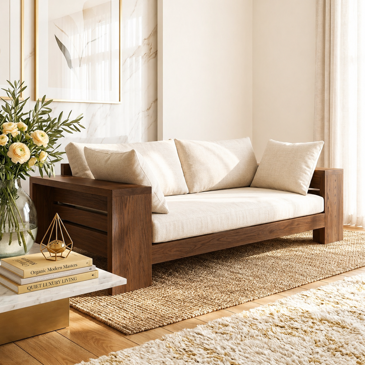 Modern Wooden Sofa Daybed with Cushions for Living Room Lounge Decor