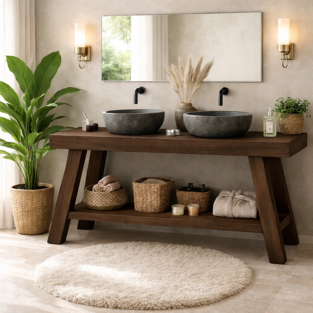 Rustic Double Sink Bathroom Vanity with Shelves Wooden Vanity Base Kitchnce