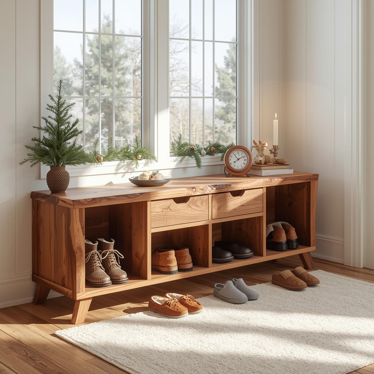 Handcrafted Solid Wood Entryway Bench – Rustic Bench for Natural Modern Home Décor Kitchnce