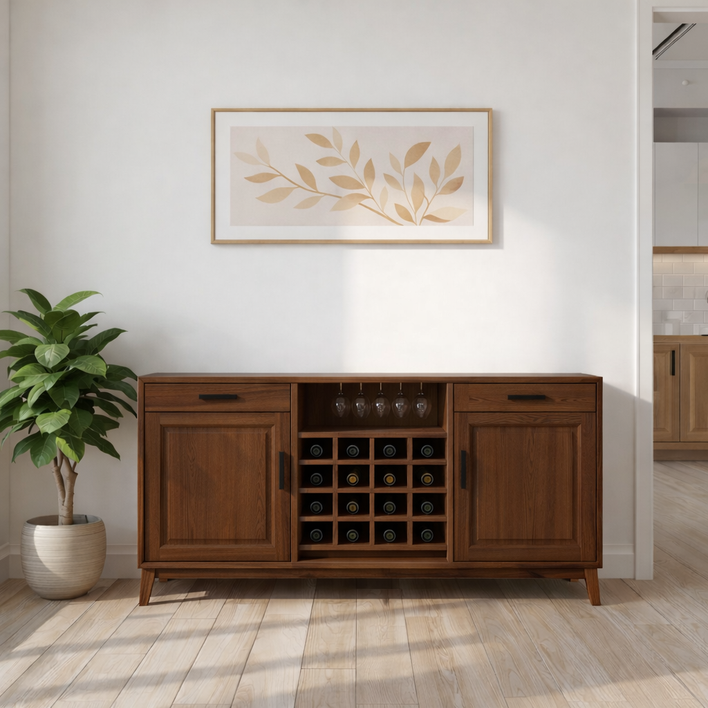 Mid Century Solid Wood Wine Cabinet with Bottle Rack and Glass Storage Sideboard