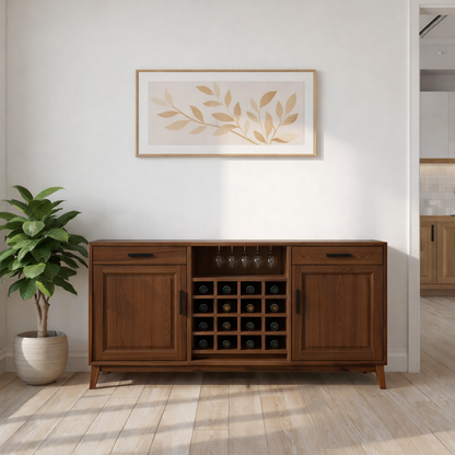 Mid Century Solid Wood Wine Cabinet with Bottle Rack and Glass Storage Sideboard