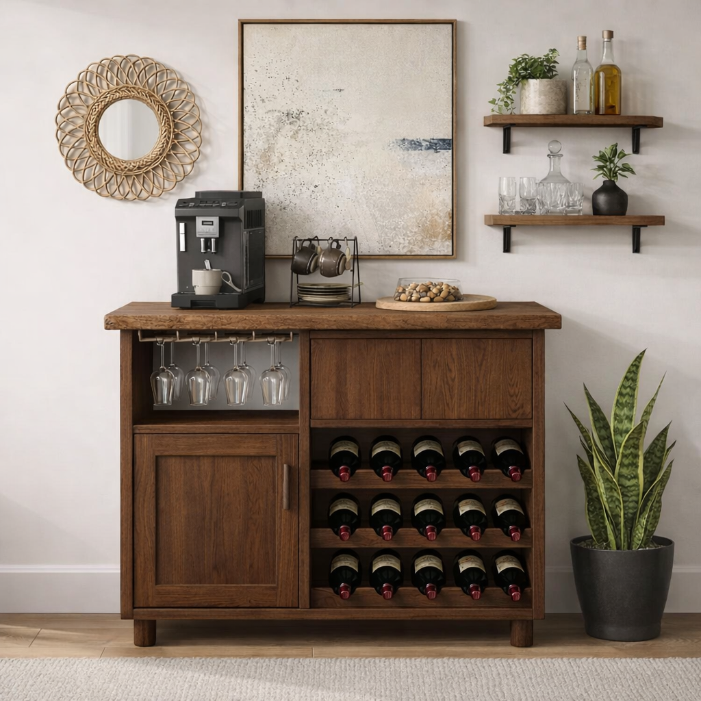 Solid Wood Wine Cabinet with Glass Holder and Bottle Storage Rack
