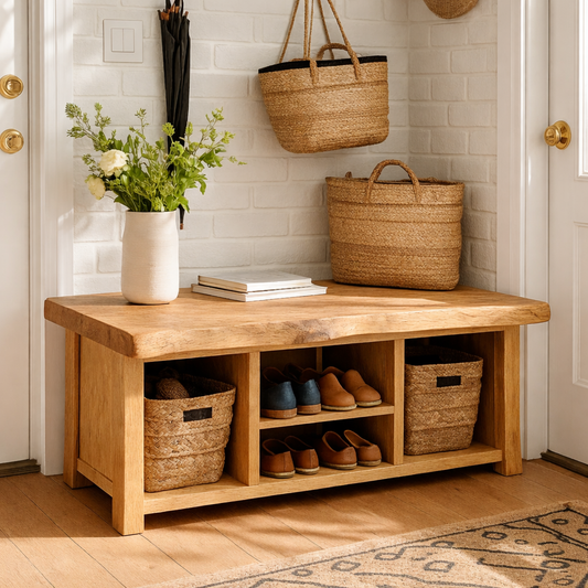 Solid Wood Entryway Bench with Storage Cubbies and Shoe Organizer Shelf