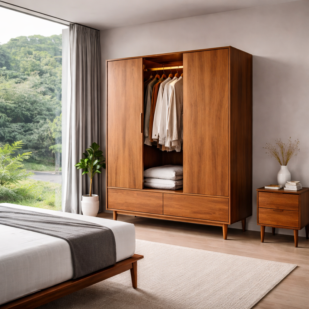 Solid Wood Wardrobe with Drawers – Mid Century Bedroom Closet