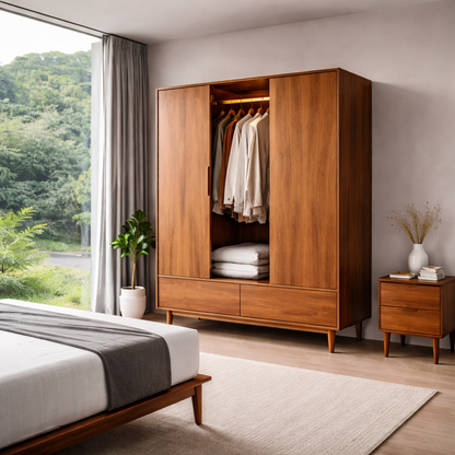 Solid Wood Wardrobe with Drawers – Mid Century Bedroom Closet