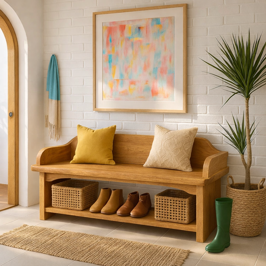 Solid Wood Entryway Bench with Armrests and Shoe Shelf Storage