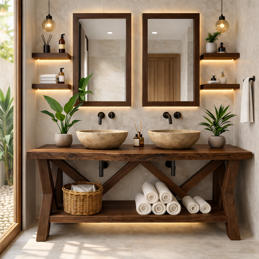 Rustic Double Bathroom Vanity Cabinet With Open Shelf Farmhouse Wood Vanity Base Kitchnce