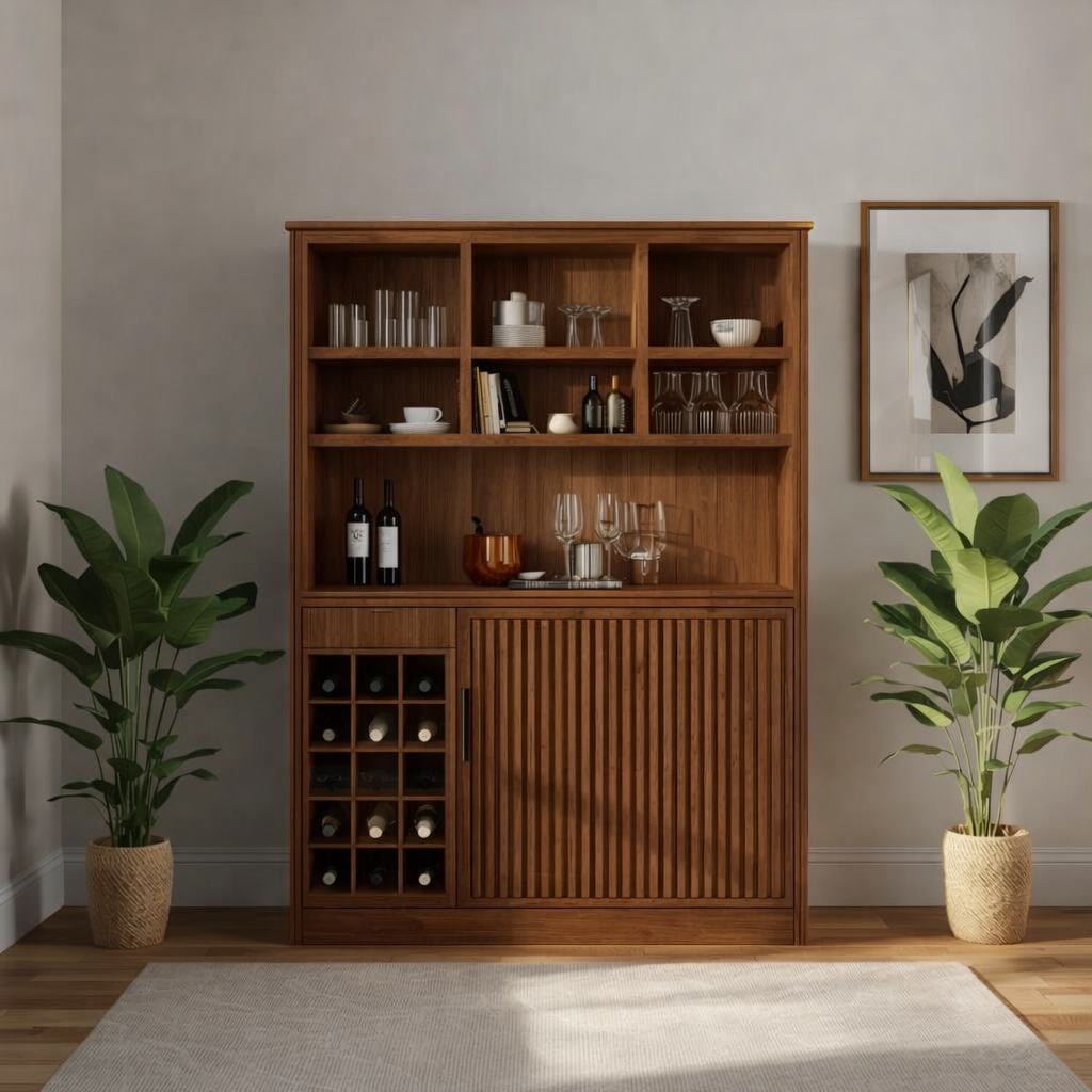 Handcrafted Solid Wood Wine Cabinet with Storage Shelves Modern Home Bar Furniture