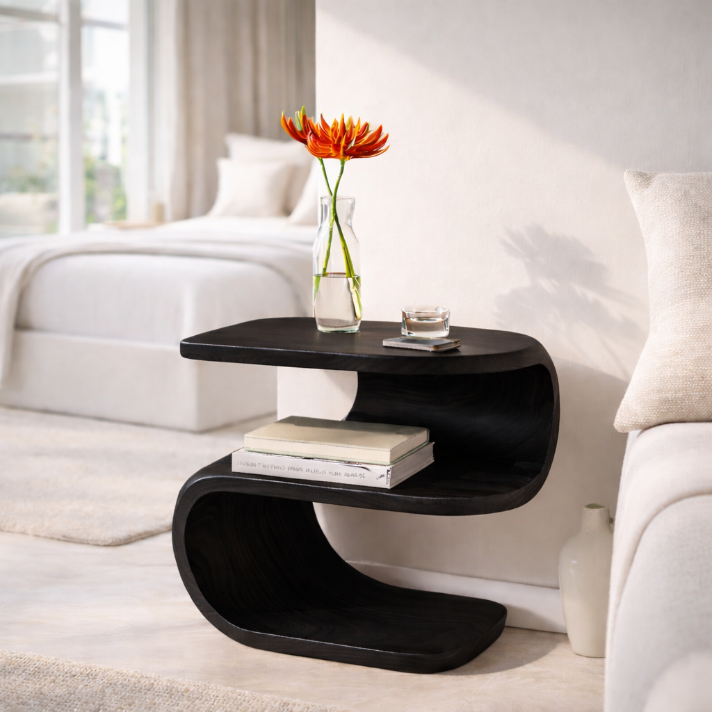 Solid Wood Nightstand with Curved Design – Modern Bedside Table with Storage