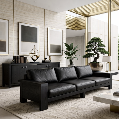 Modern Solid Wood Sofa with Leather Cushions Minimalist Scandi Living Room Couch