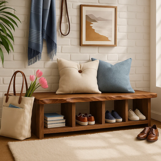 Handcrafted Entryway Bench – Solid Wood Shoe Storage Bench with Open Compartments for Rustic Hallway or Mudroom