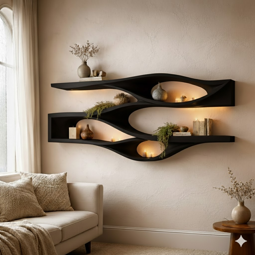 Handcrafted Solid Wood Floating Wall Shelf - Organic Curved Wave Design for Modern Home Decor